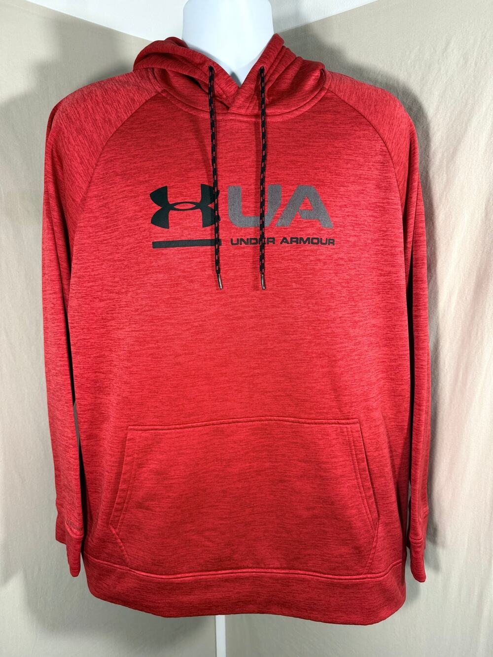 Under Armour ColdGear Men Large Heathered Red Pullover Hoodie Loose Fit Graphic